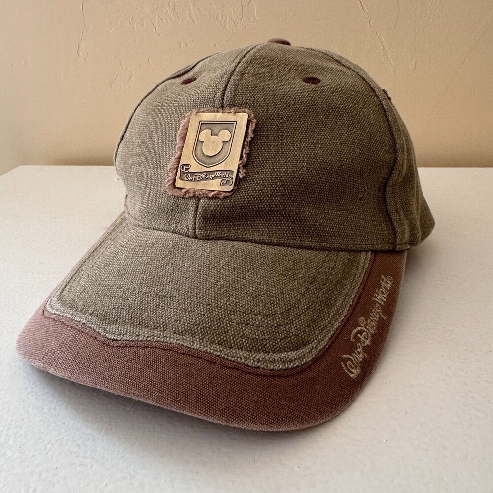 Disney World Cap Metal Emblem Olive Tan Mickey Baseball Hat Adult